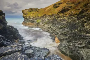 Saltwater Prints: Rocky cove where Rocky Valley meets the Atlantic Ocean near Boscastle in Cornwall showing rugged coasts