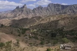 Rocky landscape with sporadic buildings, Santiago, Cape Verde Islands, Africa