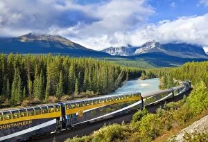 Rocky Mountaineer train at Morant's curve near Lake Louise in the Canadian Rockies