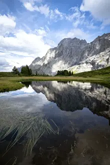 Bernese Alps Prints: Rocky peak of Wellhorn mountain reflected in water in summer, Grosse Scheidegg Pass
