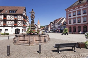 Black Forest Prints: Roehrbrunnen Fountain at the market square, town hall and Obertorturm tower, Gengenbach