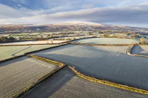 Rolling Dartmoor countryside at dawn on a frosty winter morning, Devon, England