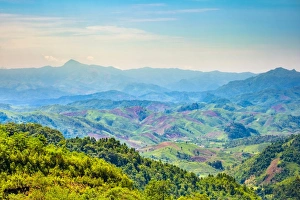 Laos Prints: Rolling hills and mountains, lush rural landscape, Vientiane Province, Laos, Indochina