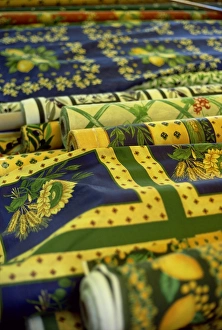 Rolls of fabric, market day, Salon-de-Provence, Provence, France, Europe Rolls of fabric, market day, Salon-de-Provence, Provence, France, Europe