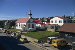 Stanley Prints: The Roman Catholic cathedral and houses in the town of Stanley