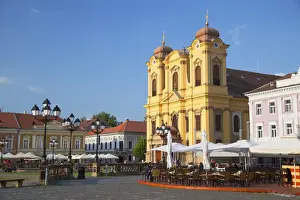 Timisoara Prints: Roman Catholic Cathedral and outdoor cafes in Piata Unirii