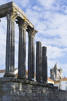 Gothic Style Prints: The Roman Temple of Diana and the tower of Evora Cathedral, historic centre, Evora