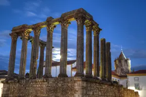 Evora Prints: Roman Temple in foreground, Evora Cathdral in the background