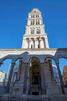 Columns Prints: Romanesque bell tower stands tall at Cathedral of Saint Domnius in Diocletians Palace location in Croatia