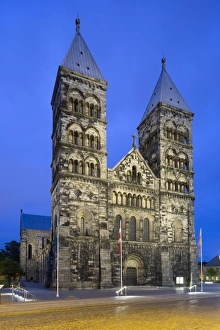 Lutheran Prints: Romanesque cathedral of Domkyrkan at night, Lund, Skane, South Sweden, Sweden, Scandinavia