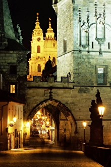 Mala Strana Prints: Romanesque and Gothic Malostranske bridge towers, with the two towers of Baroque St