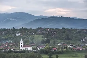 Romanian countryside surrounding Bran Castle at sunset, Transylvania, Romania, Europe