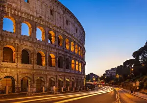 Amphitheatre Prints: Rome Colosseum (Flavian Amphitheatre) at night with light trail