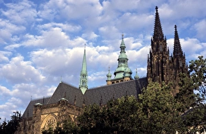St Vitus Prints: Roof line of Gothic spires of St. Vitus Cathedral, Prague Castle, Hradcany