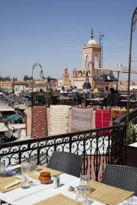 Medina Quarter Prints: Rooftop terrace and minarets, Place Jemaa El Fna, Marrakesh, Morocco, North Africa, Africa