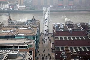 Pedestrians Prints: Rooftop view over London on a foggy day from St