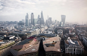Modernity Prints: Rooftop view over London on a foggy day from St