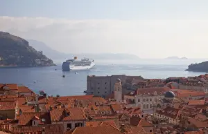Cruise Ships Prints: Rooftops, cruise ship and the island of Lokrum from Dubrovnik Old Town walls