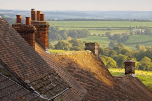 Old Fashioned Prints: Rooftops of houses along Gold Hill, Shaftesbury, Dorset, England, United Kingdom, Europe