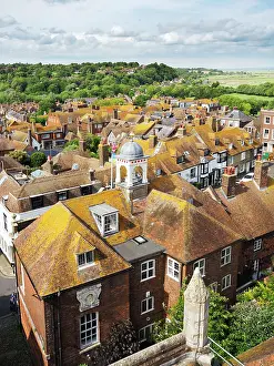 Roofs Prints: Rooftops of Rye viewed from St Marys Church in East Sussex during a clear day with structures and greenery present