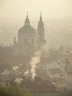 Clock Towers Prints: Rooftops and St. Nicholas Church at sunrise from Petrin Hill in autumn
