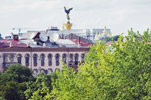 Images Dated 8th June 2009: Rooftops and symbol of Kiev statue, Kiev, Ukraine, Europe