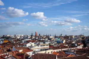 Madrid Prints: Rooftops and towers, the skyline of the capital city of Madrid, Spain