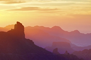 Silhouetted Prints: Roque Bentayga at sunset, Gran Canaria, Canary Islands, Spain, Atlantic Ocean, Europe