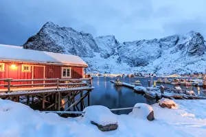 Rorbu Prints: A Rorbu, the typical Norwegian home often built in beautiful places where the nature of the Lofoten Islands is still