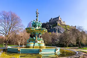 Edinburgh Prints: Ross Fountain in front of Edinburgh Castle on a sunny day in Edinburgh Scotland