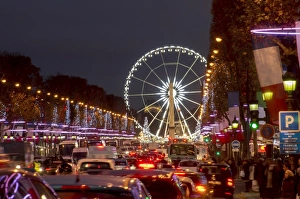 Amusement Park Prints: Roue de Paris and Champs Elysees at dusk, Paris, France, Europe