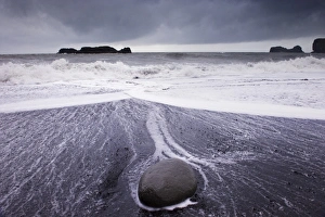 Sudurland Prints: Rough sea on Reynisfjara black sand beach, near Vik, in the south of Iceland (Sudurland)