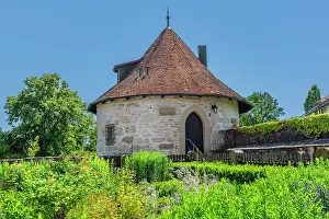 Landscaping Prints: Round building with a thatched roof surrounded by green plants in Vellberg