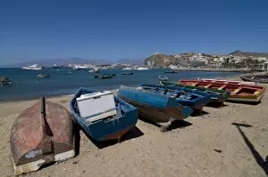 Row boats at coast, San Vincente, Mindelo, Cape Verde Islands, Atlantic, Africa