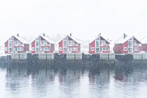 Scandinavian Prints: Row of traditional red rorbu under heavy snowfall