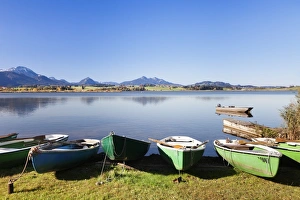 Green Colour Prints: Rowing boats on Hopfensee Lake, near Fussen, Allgau, Bavaria, Germany, Europe