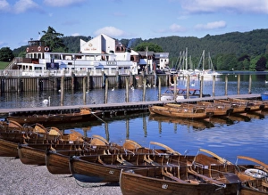 Rowing Boat Prints: Rowing boats and pier, Bowness-on-Windermere, Lake District, Cumbria, England