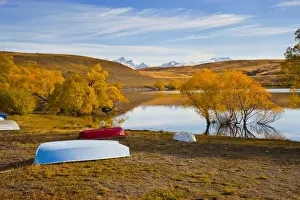 Rowing Boat Prints: Rowing boats and snow capped mountains at Lake Alexandrina