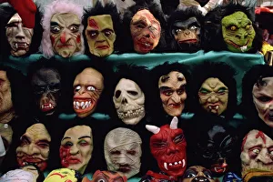 Stall Prints: Rows of Halloween masks on sale