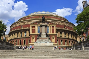 Royal Albert Hall exterior with Prince Albert statue, summer, South Kensington, London