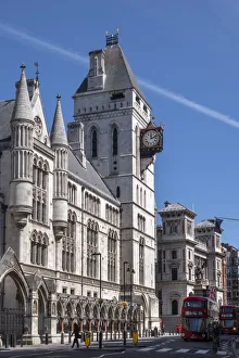 Clock Tower Prints: The Royal Courts of Justice, Central Civil Court, and red London bus on Fleet Street