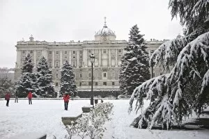 Royal Palace in snow, Madrid, Spain, Europe