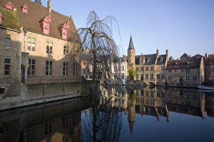Brugge Prints: Rozenhoedkaai (quayside) and Belfry from Braambergstraat, near Markt, central Bruges