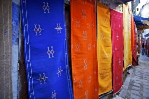 Fabric Prints: Rugs hung on the wall in Chefchaouen, Morocco, North Africa, Africa