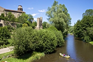 Canoeing Prints: Ruins and Benedictine abbey tower, along the Senouire river, and canoeing, at Lavaudieu