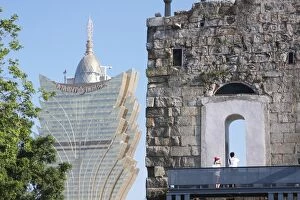 Images Dated 14th August 2008: Ruins of Church of St. Paul with Grand Lisboa Casino in background, Macau, China, Asia