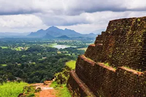 Forts Prints: Ruins of King Kassapas Palace in front of the view from of Sigiriya Rock Fortress (Lion Rock)