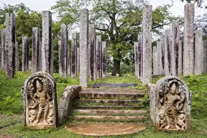 Anuradhapura Prints: Ruins of stone columns at Thuparama Dagoba in the Mahavihara (The Great Monastery)