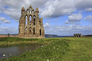 Ruins of Whitby Abbey with Abbey Pond, Whitby, North Yorkshire, England, United Kingdom