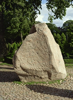 Standing Stones Prints: Rune stone referring to burials of Harald Blue Tooth, in Jelling churchyard